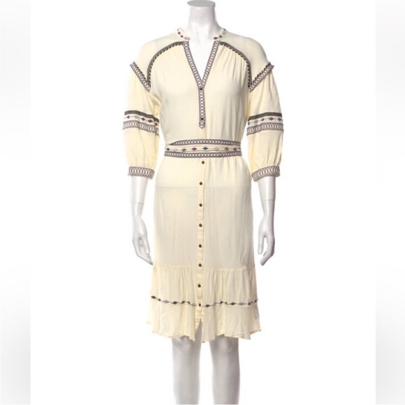 BA&SH Patty Embroidered Button Front Tie Waist Midi 3/4 Sleeve V-Neck Dress - Picture 5 of 13